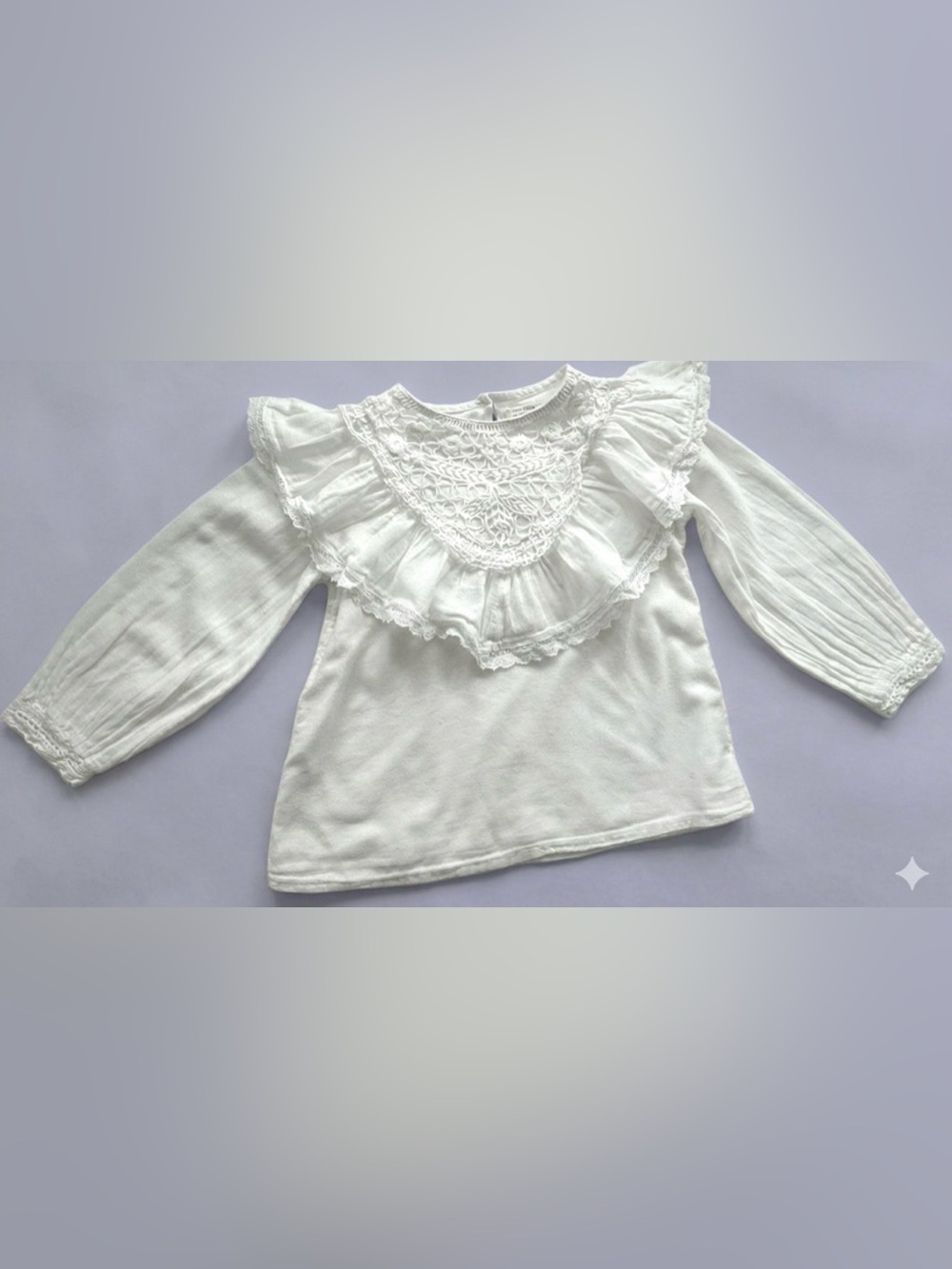 Zara girl’s ruffled long-sleeved shirt features intricate embroidery.  Size 5T.